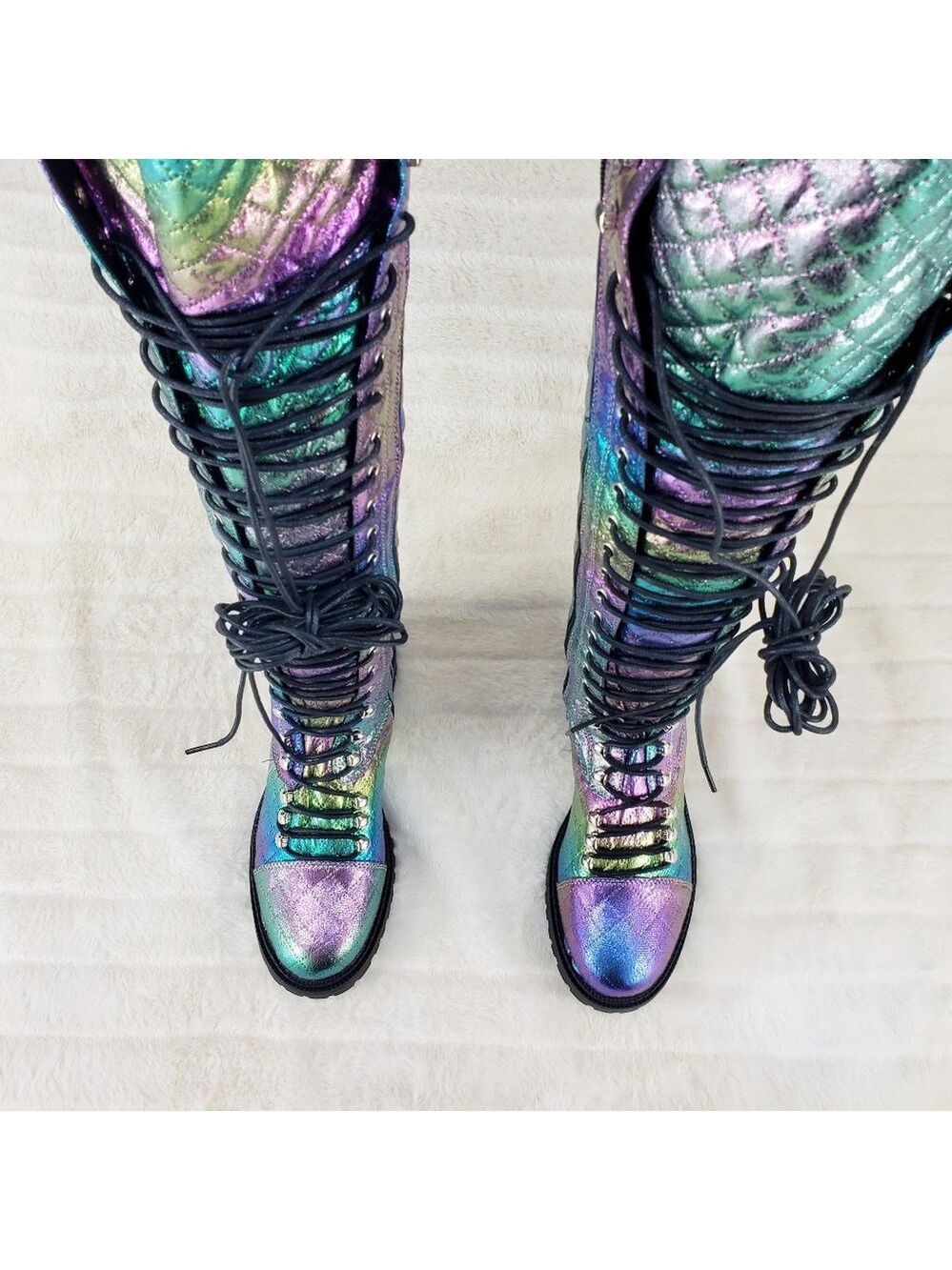 Travis Festive Quilted Metallic Rainbow Corset Lace Over the Knee Boots - Picture 6 of 11